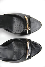 Mirelya Black Patent Leather Women's Heeled Slippers with Metal Bow Detail - 8 CM Slim Heel Comfort