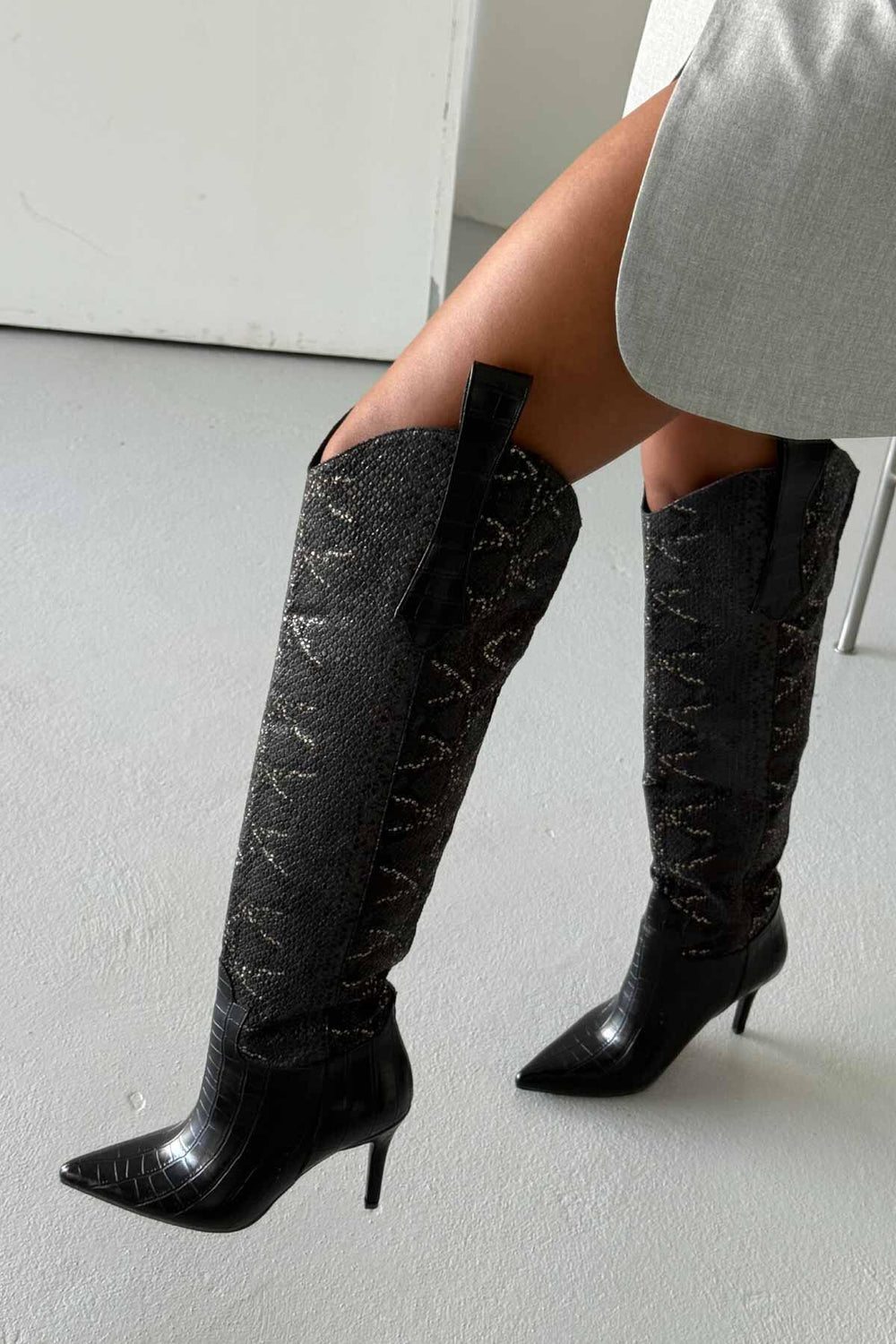 Velmora Croc-Texture Knee-High Boots