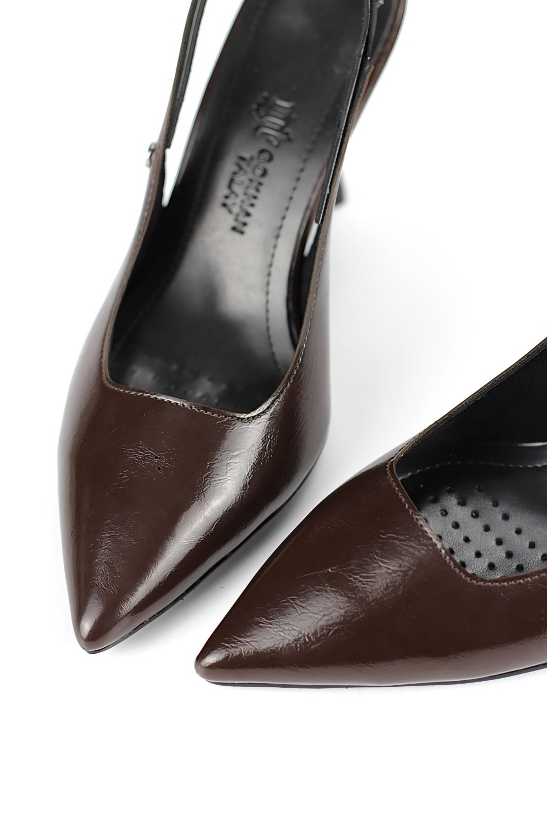 Lavender Esnek Yumuşak Kaymaz Taban (8 cm) Açık Lastikli Slingback Kadın Topuklu Ayakkabı – Kahverengi Rugan