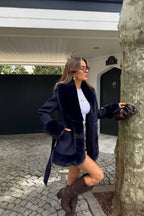 Maelis Faux Fur Trim Belted Coat – Navy