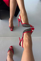 Valentina Crystal Mesh Slingback Stiletto Heels – Red Satin