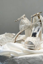 White Floral Lace Wedding Shoes - Platform Block Heel Open Toe Bridal Shoes