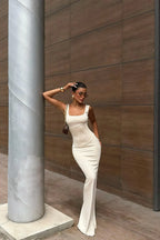 Nivellea Sculpted Corset Maxi Dress – Light Grey