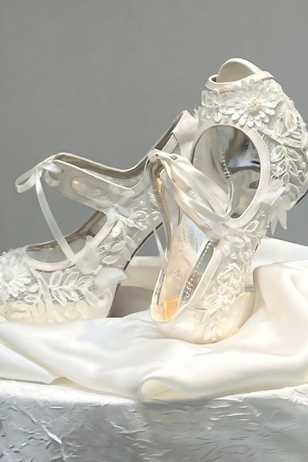 Floral Embroidered and Ribbon-Laced Platform Wedding Shoes