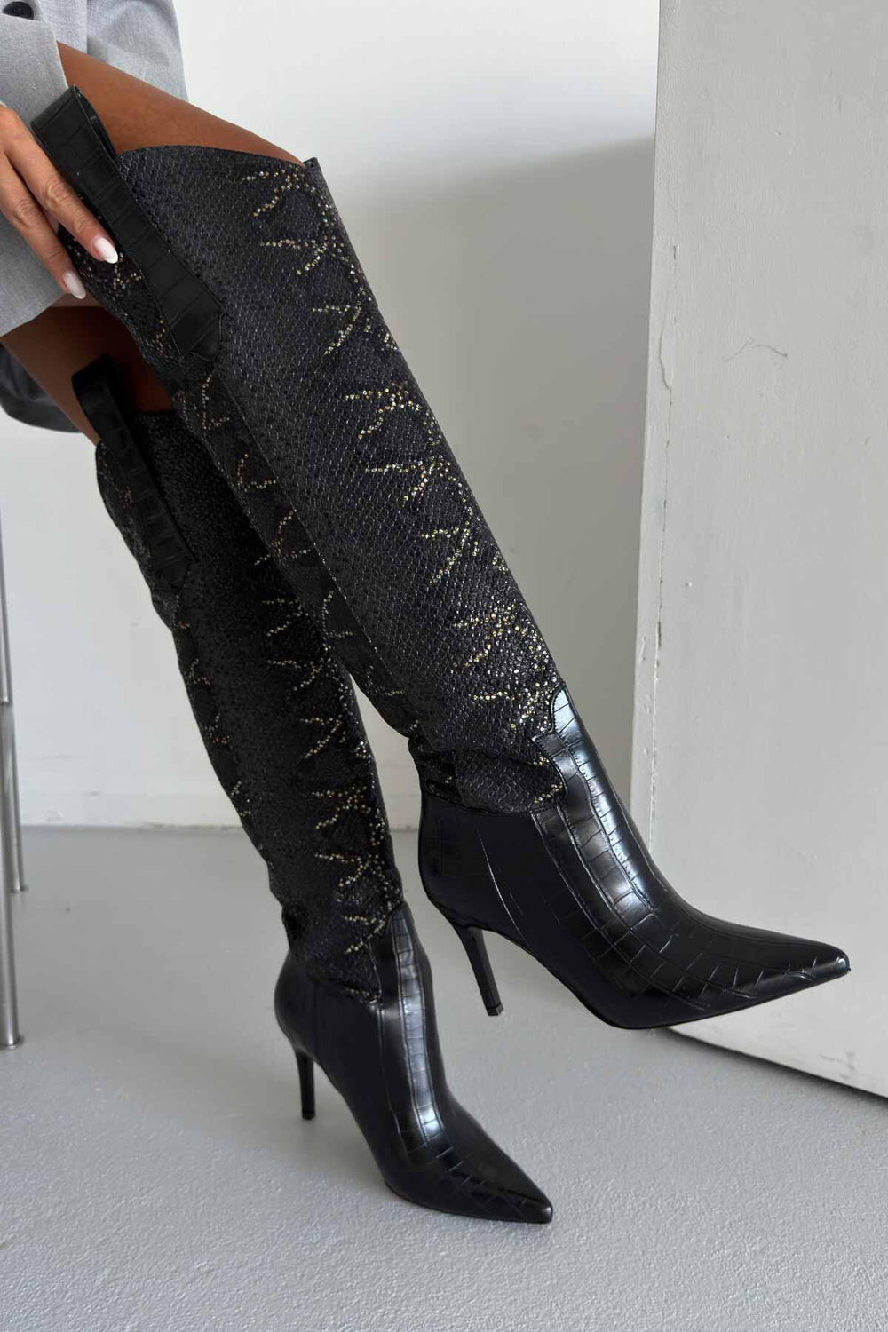 Velmora Croc-Texture Knee-High Boots