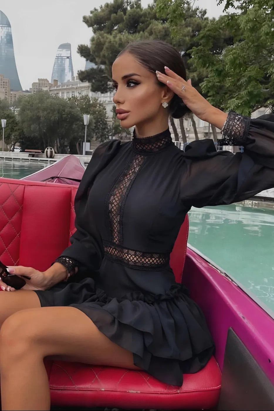 Marcelline Ruffle Chiffon Mini Dress – Black