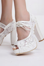 Floral Embroidered and Ribbon-Laced Platform Wedding Shoes