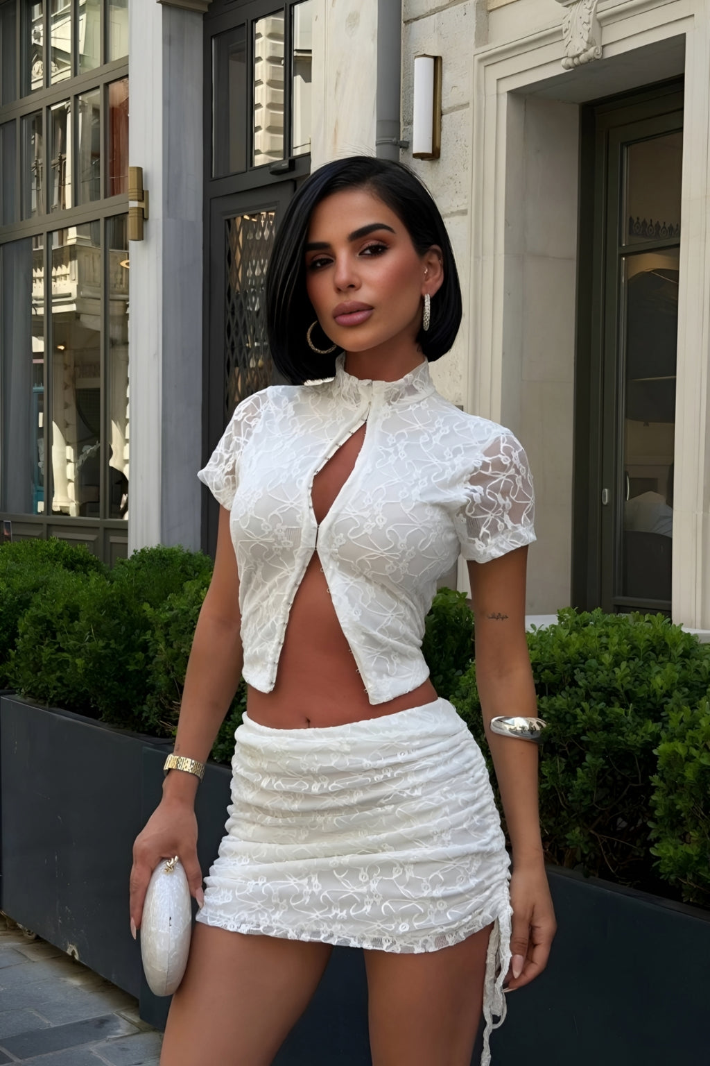 Capri Royale Signature Look – White Lace Lycra Two-Piece Set & Celestia Royale Lace Couture Heels