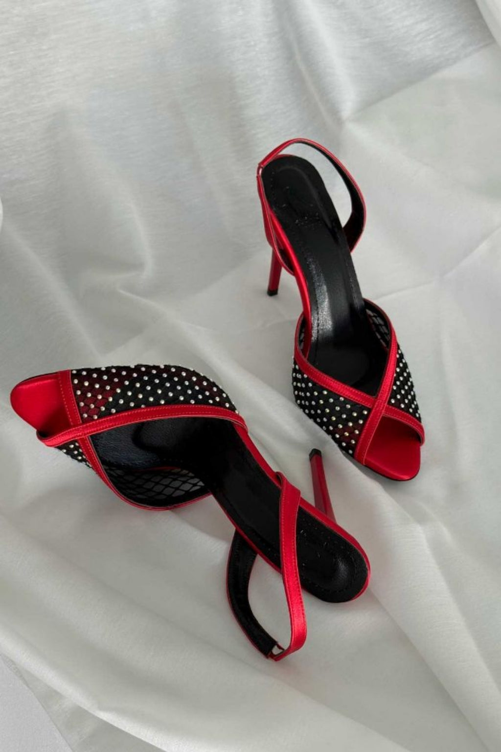 Valentina Crystal Mesh Slingback Stiletto Heels – Red Satin
