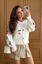 Cherrique Cherry Appliqué Button-Up Cardigan