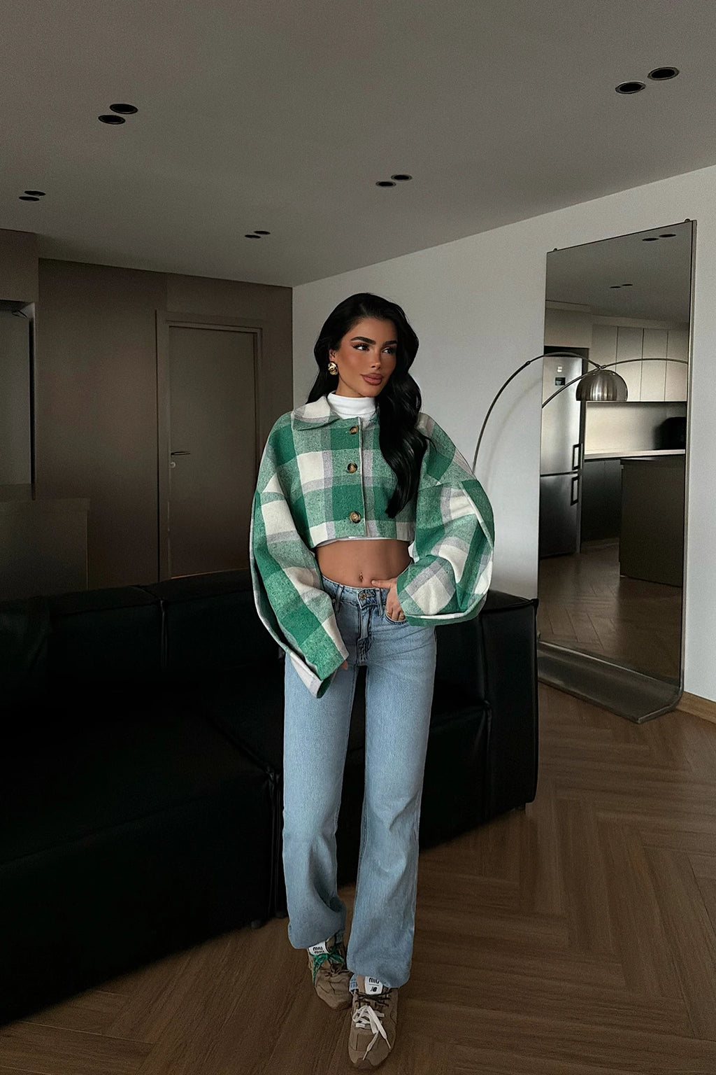 Avenelle Plaid Cropped Jacket – Green