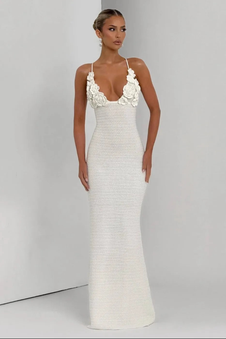Solara Bloom Crochet Maxi Dress – White Floral Lace Knit