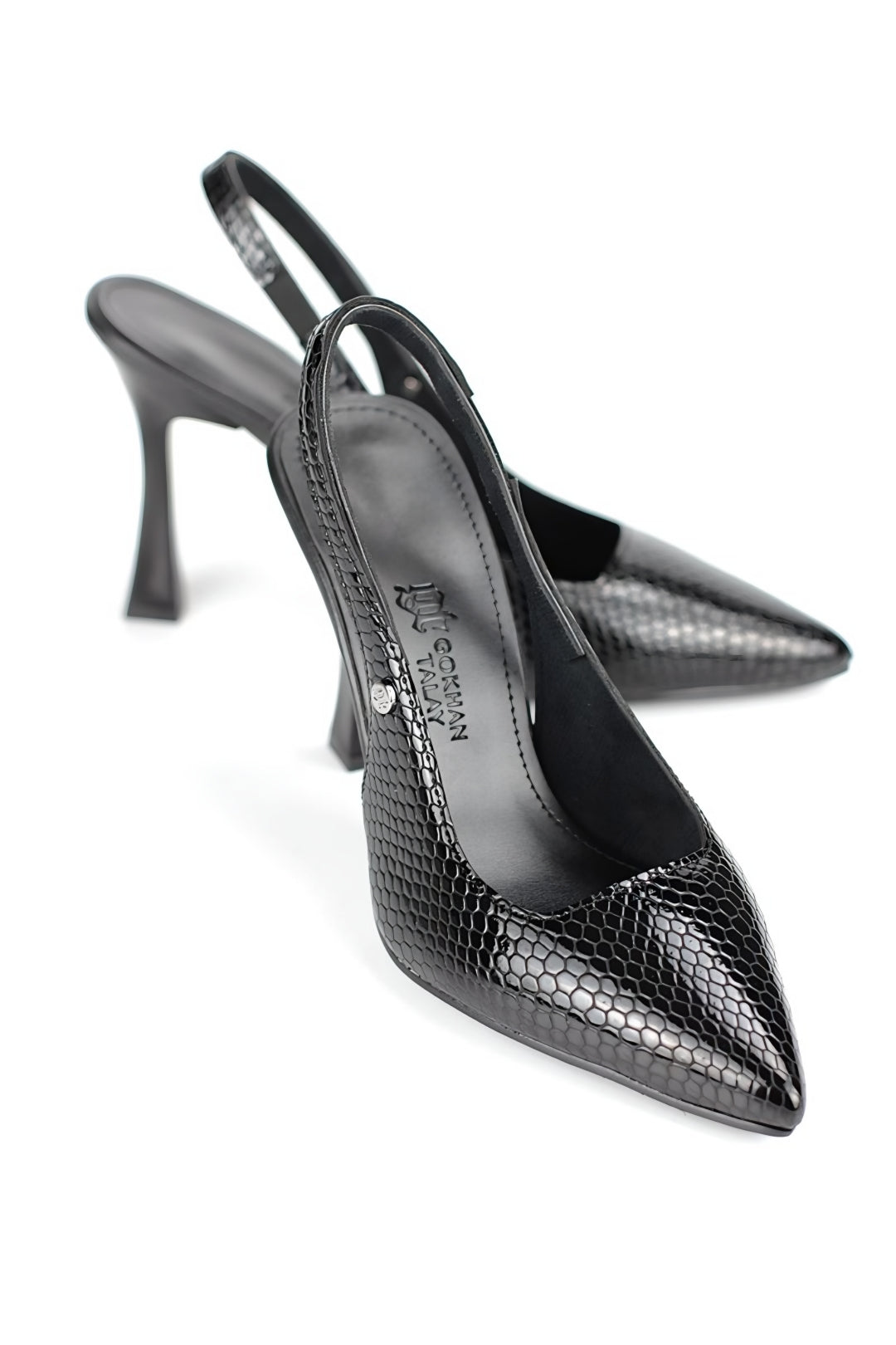 Margaret Esnek Yumuşak Kaymaz Taban 10 cm Kalın Topuk Slingback Kadın Ayakkabı – Siyah Rugan Yılanlı Baskı