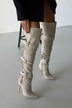 Ravelle Buckle Over-the-Knee Stiletto Boots – Tan Suede