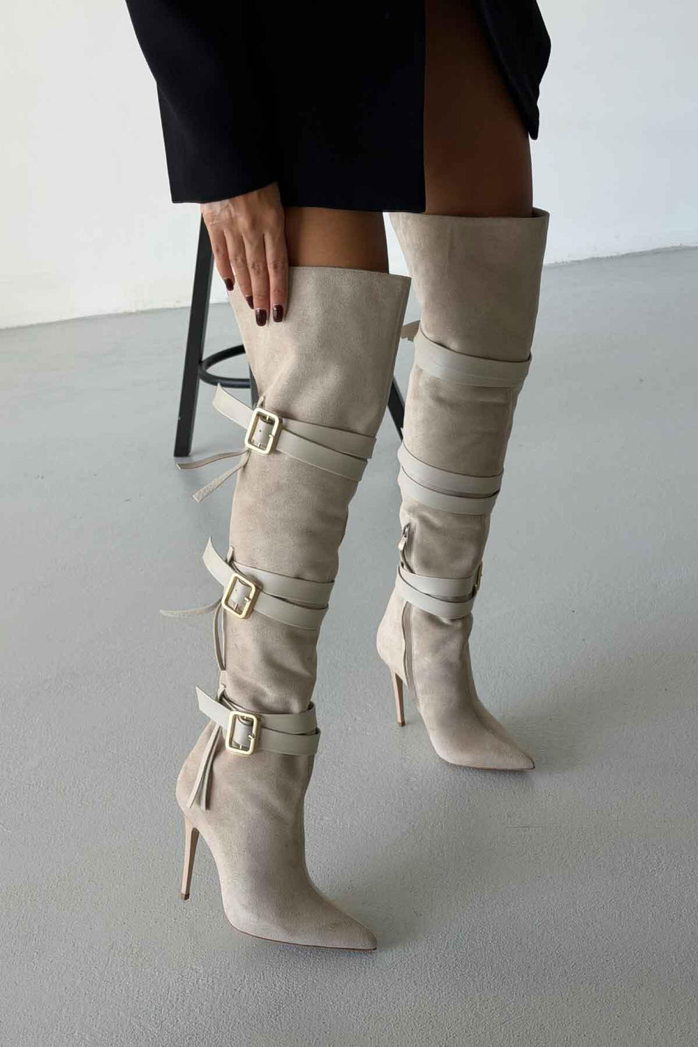 Ravelle Buckle Over-the-Knee Stiletto Boots – Tan Suede