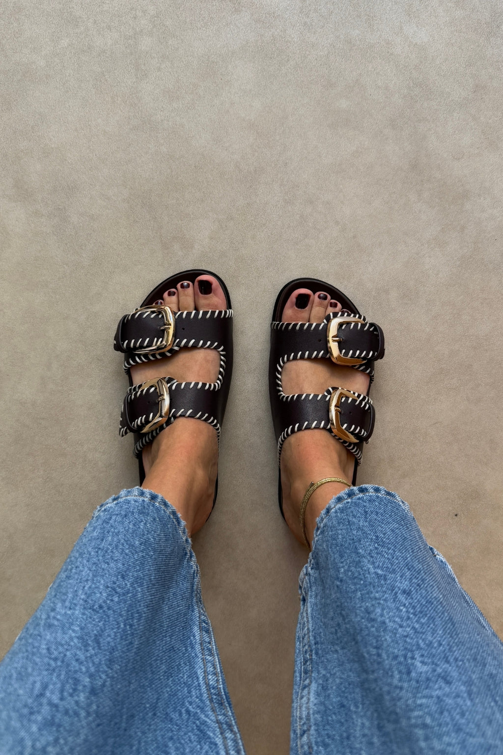 Women's Double Buckle Slippers with Contrast Stitching - Black