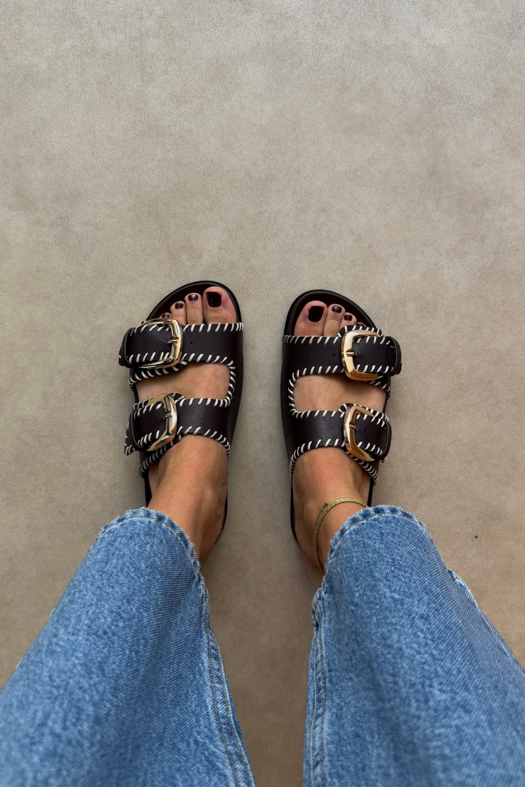 Women's Double Buckle Slippers with Contrast Stitching - Black
