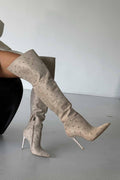 Zavielle Over-the-Knee Stiletto Boots – Crystal-Embellished Nude Suede