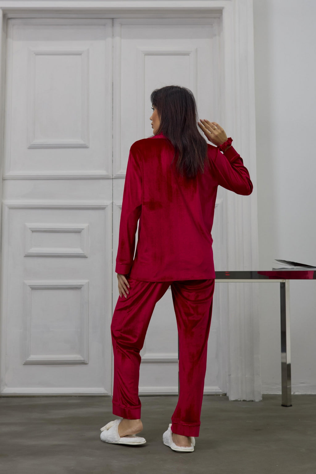 Estelle Striped Velvet Pajama Set — Red