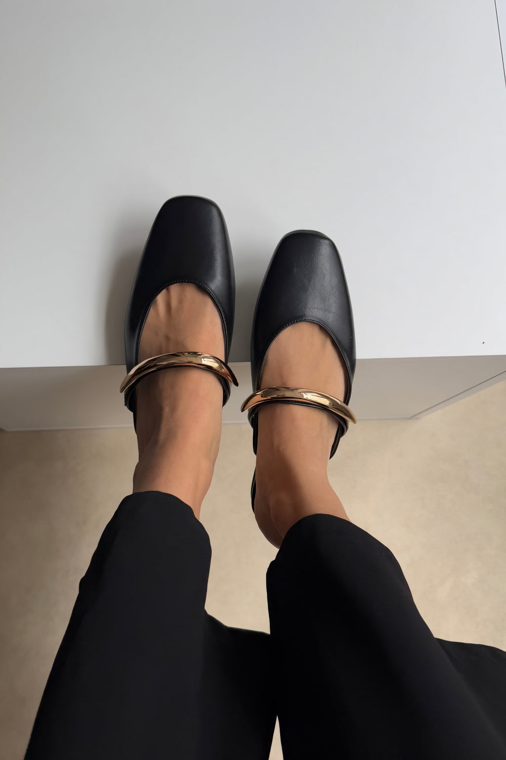 Black Gold Detailed Square Toe Elegant Women's Slippers