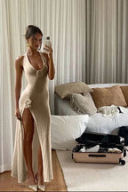 Elaria Rose-Sculpted Knit Maxi Dress – Beige