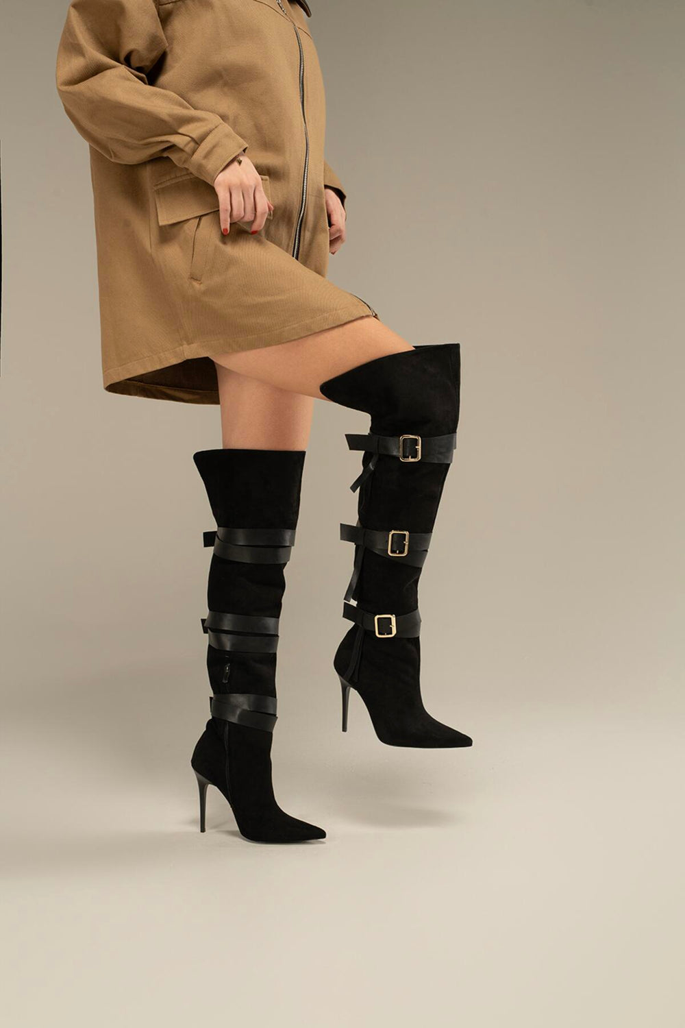 Ravelle Buckle Over-the-Knee Stiletto Boots – Tan Suede