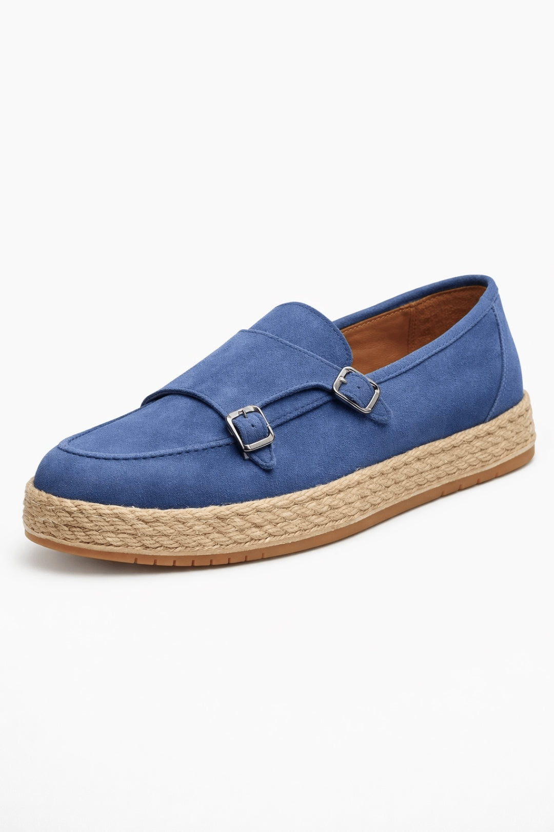 Mavi Hakiki Süet Deri Hasır Kaplama Tabanlı Double Monk Strap
