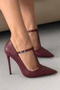 Vanessa Burgundy T-Strap Crystal Buckle Stiletto Pumps – 12 CM Heel