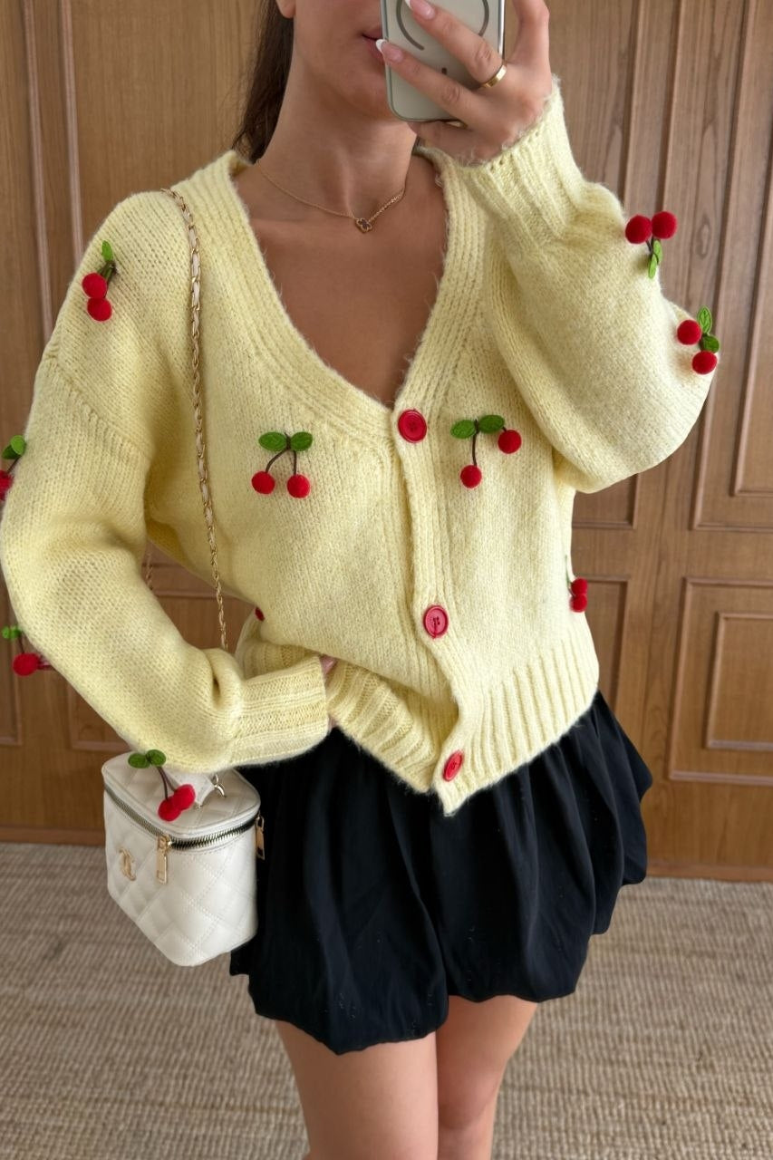 Cherrique Cherry Appliqué Button-Up Cardigan