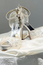 White Floral Lace Wedding Shoes - Platform Block Heel Open Toe Bridal Shoes