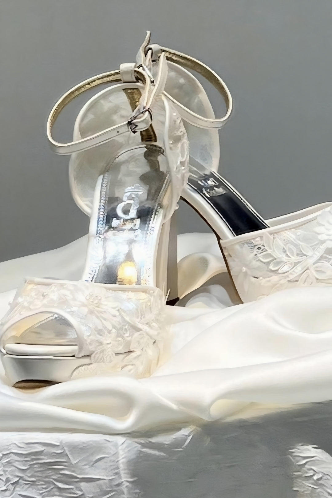 White Floral Lace Wedding Shoes - Platform Block Heel Open Toe Bridal Shoes
