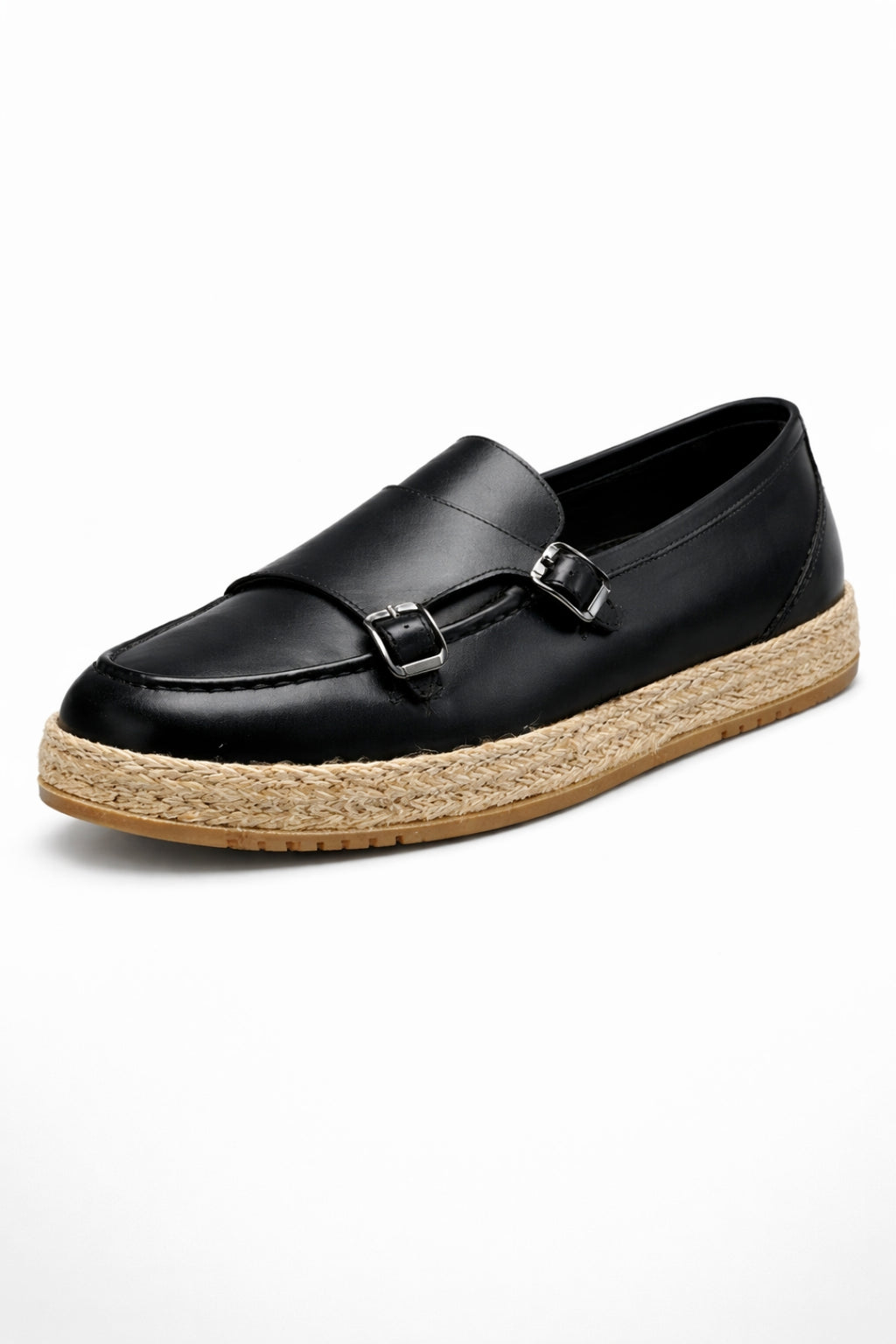 Siyah Hakiki Deri Hasır Kaplama Tabanlı Double Monk Strap