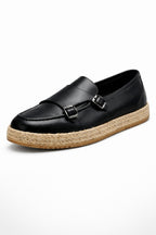 Siyah Hakiki Deri Hasır Kaplama Tabanlı Double Monk Strap
