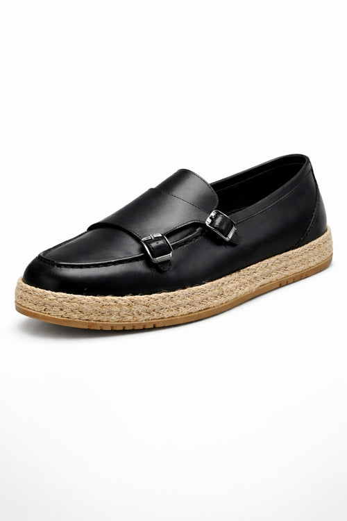 Black Genuine Leather Straw Covered Base Double Monk Strap