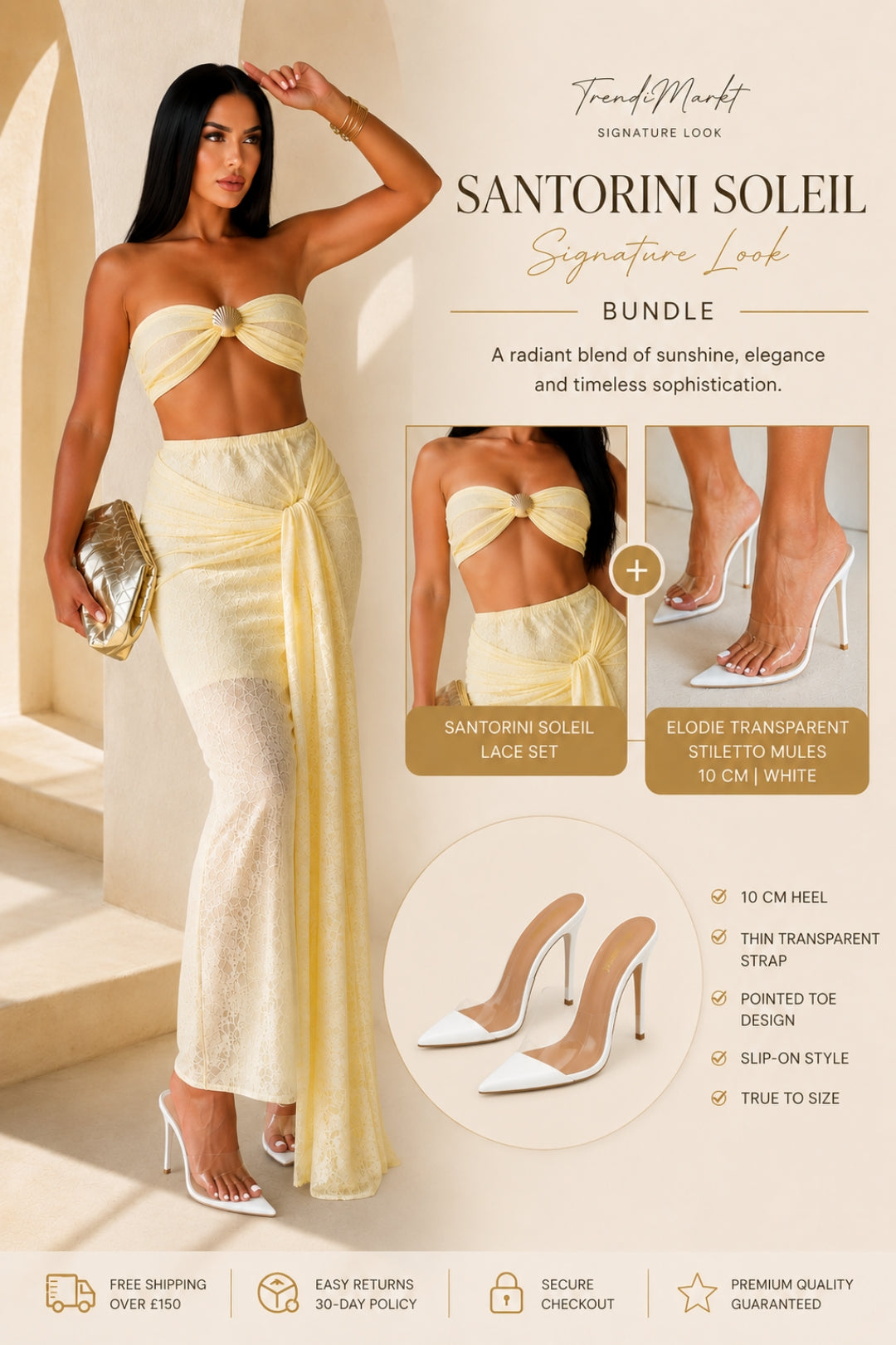 Santorini Soleil Signature Look – Yellow Lace Two-Piece Set & Elodie White Transparent Stiletto Mules Bundle