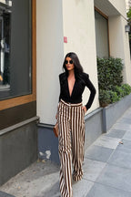 Daven Striped Wide-Leg Trousers – Brown