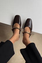 Bitter Coffee Gold Detailed Square Toe Elegant Women's Slippers