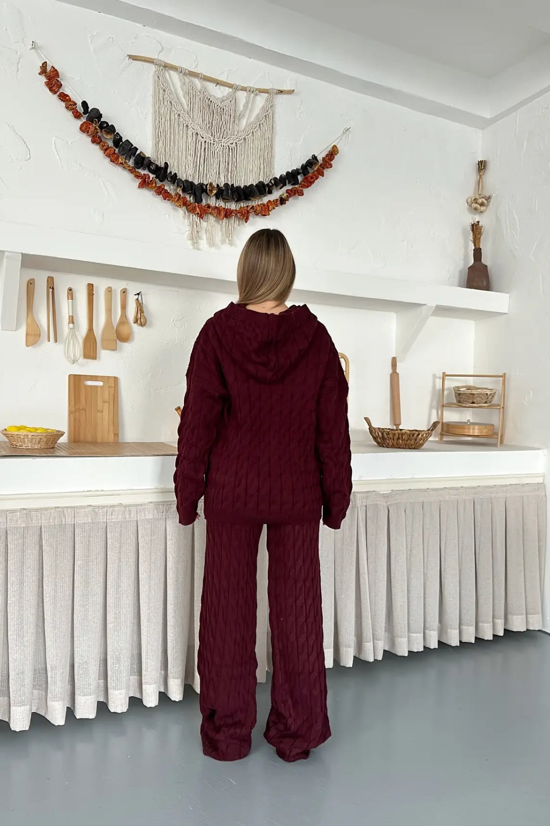 Briar Cable Knit Hooded Two-Piece Set – Light Brown