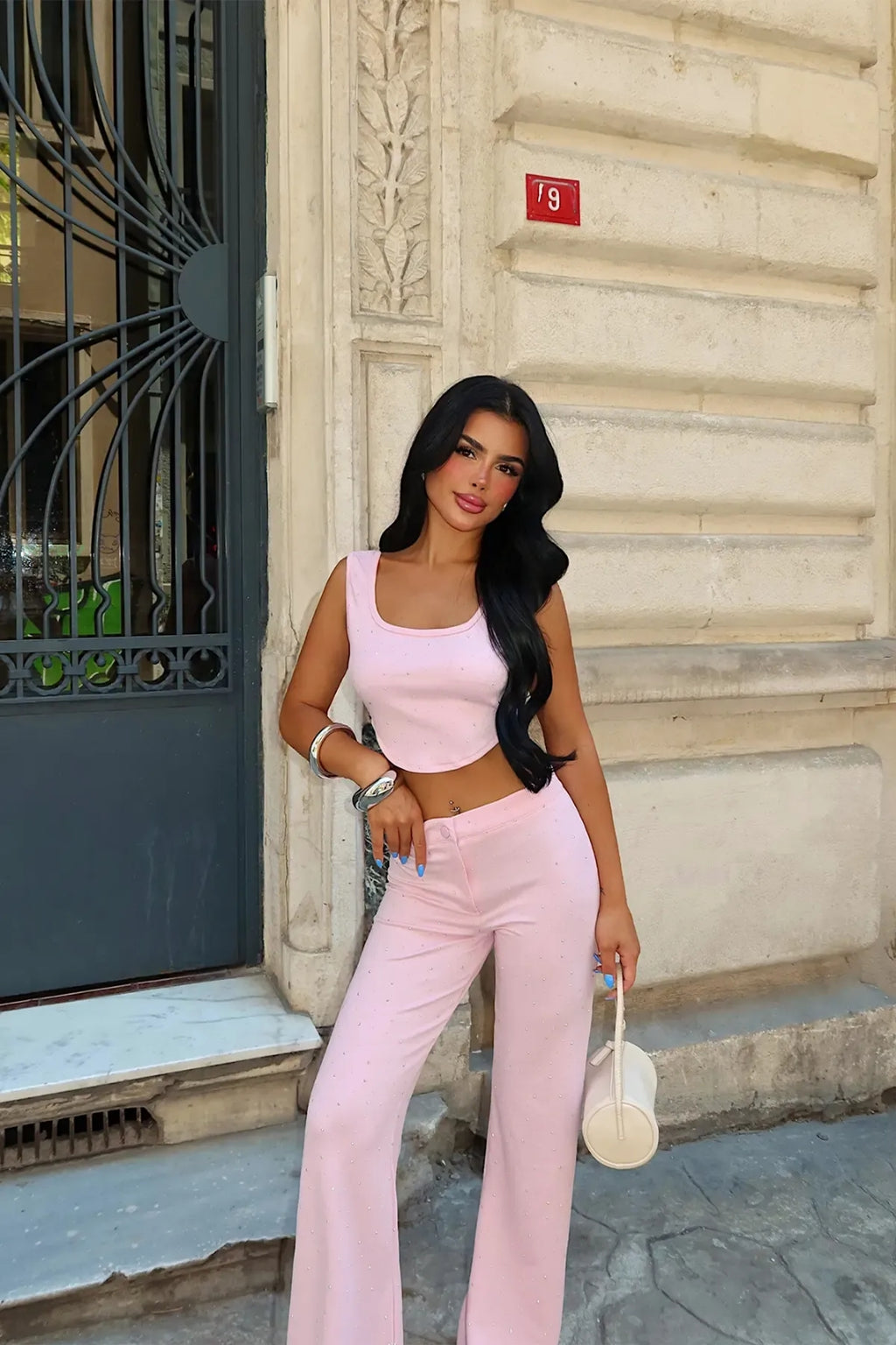 Isolde Crystal-Detail Crop & Wide-Leg Pants Set – Pink