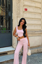Isolde Crystal-Detail Crop & Wide-Leg Pants Set – Pink