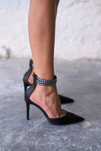 Madrid – Crystal Ankle Satin Heels – Black
