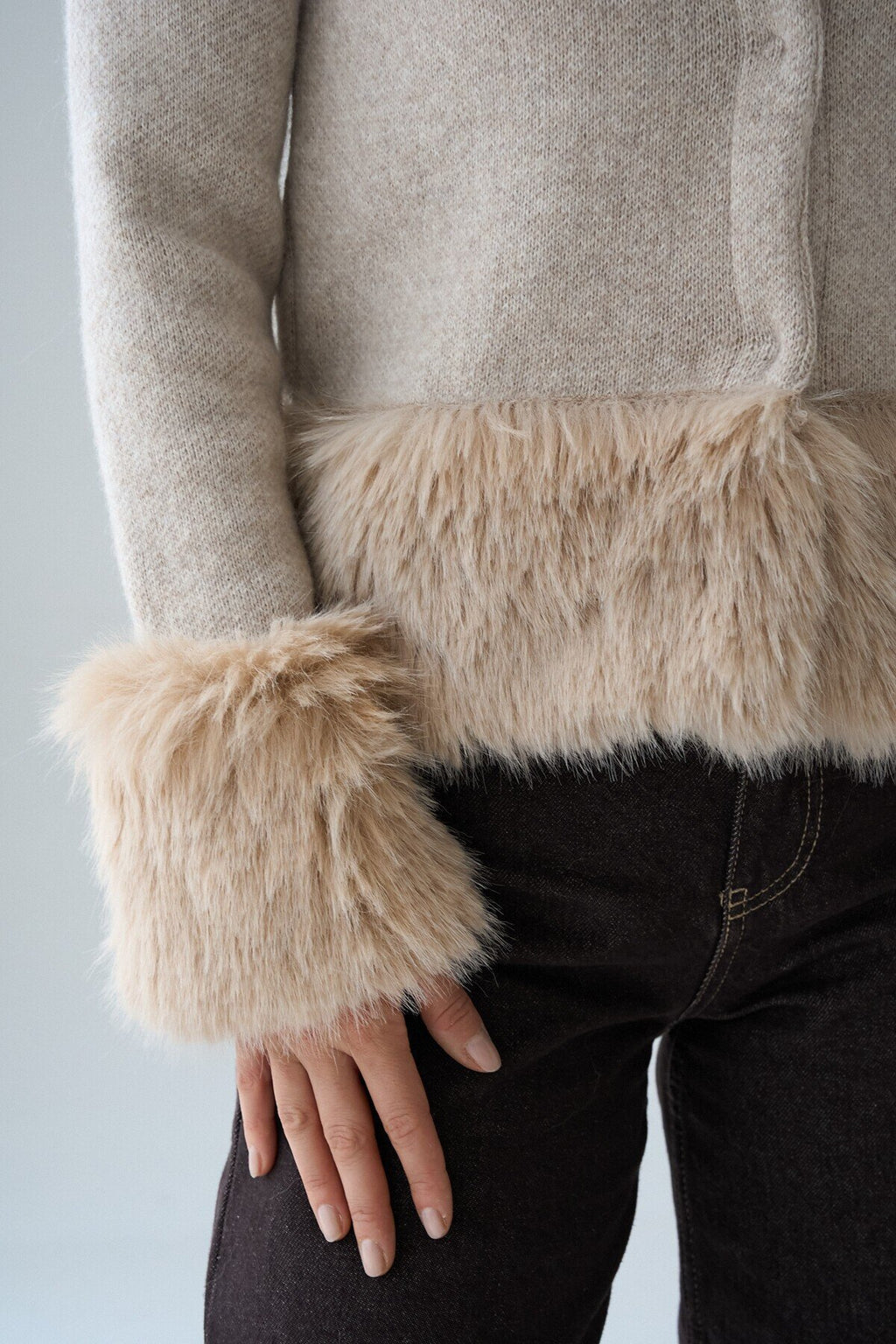 Orwick Faux Fur Trim Snap-Button Cardigan – Ecru