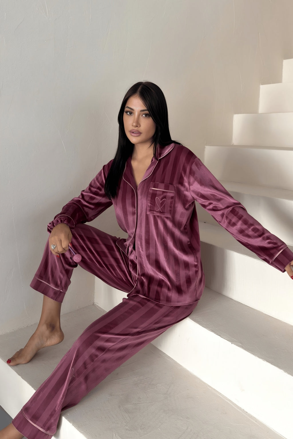 Estelle Striped Velvet Pajama Set – Grey