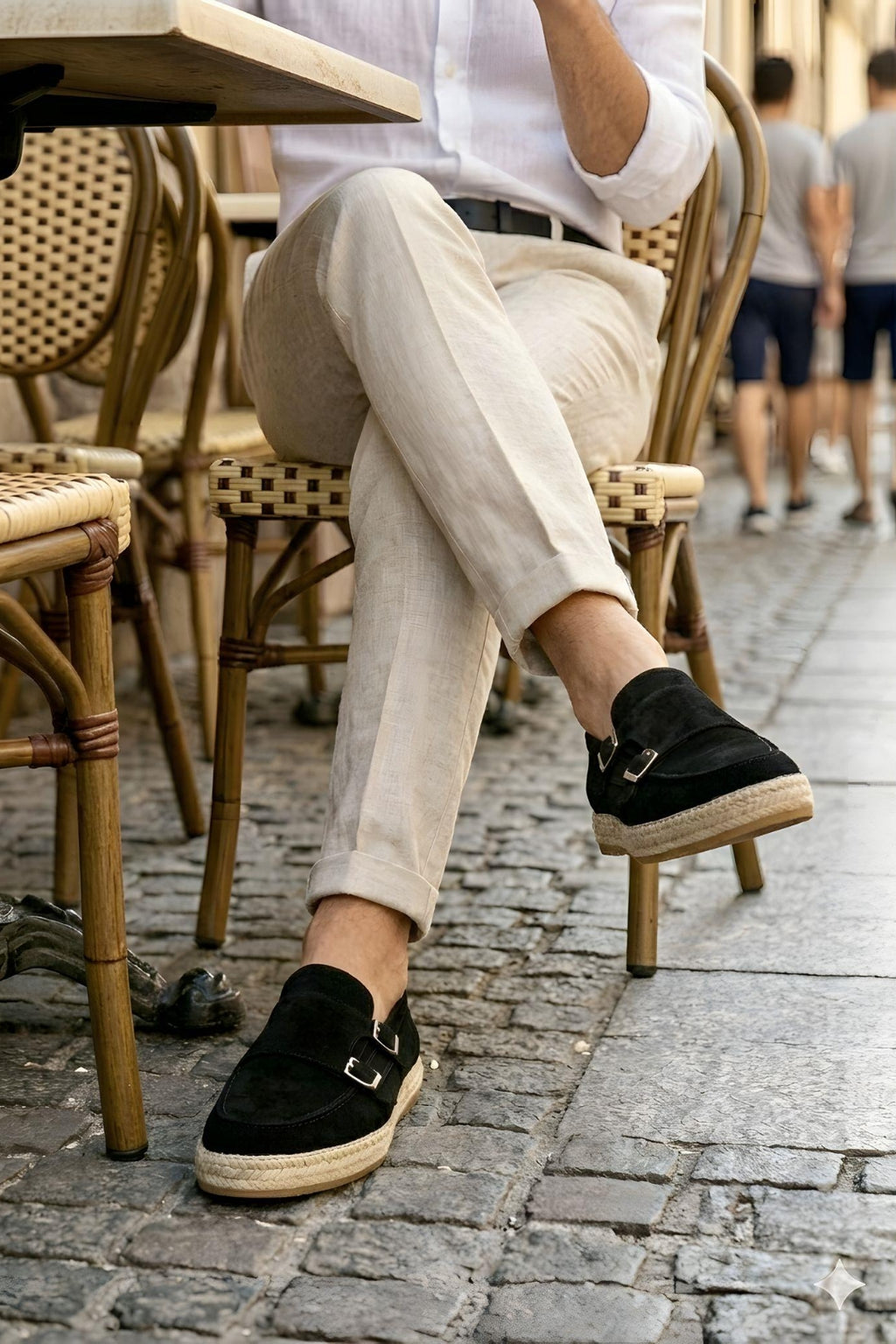 Black Genuine Suede Leather Double Monk Strap with Woven Sole