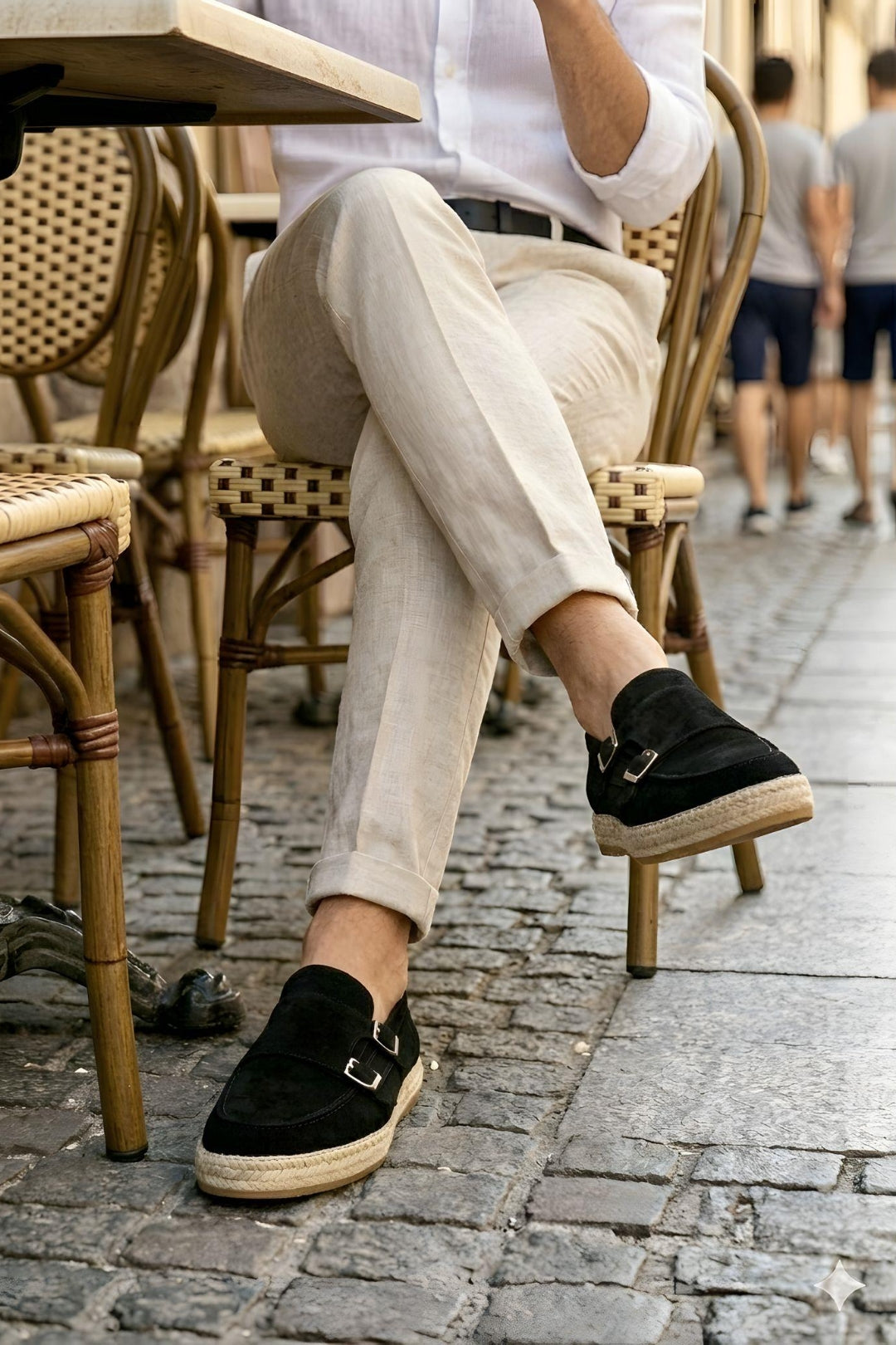 Black Genuine Suede Leather Double Monk Strap with Woven Sole