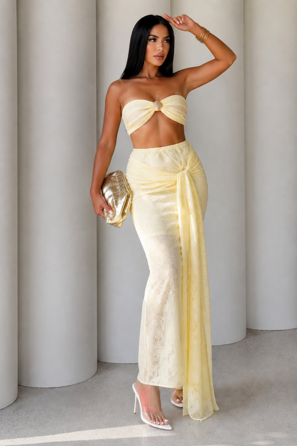 Santorini Soleil Signature Look – Yellow Lace Two-Piece Set & Elodie White Transparent Stiletto Mules Bundle