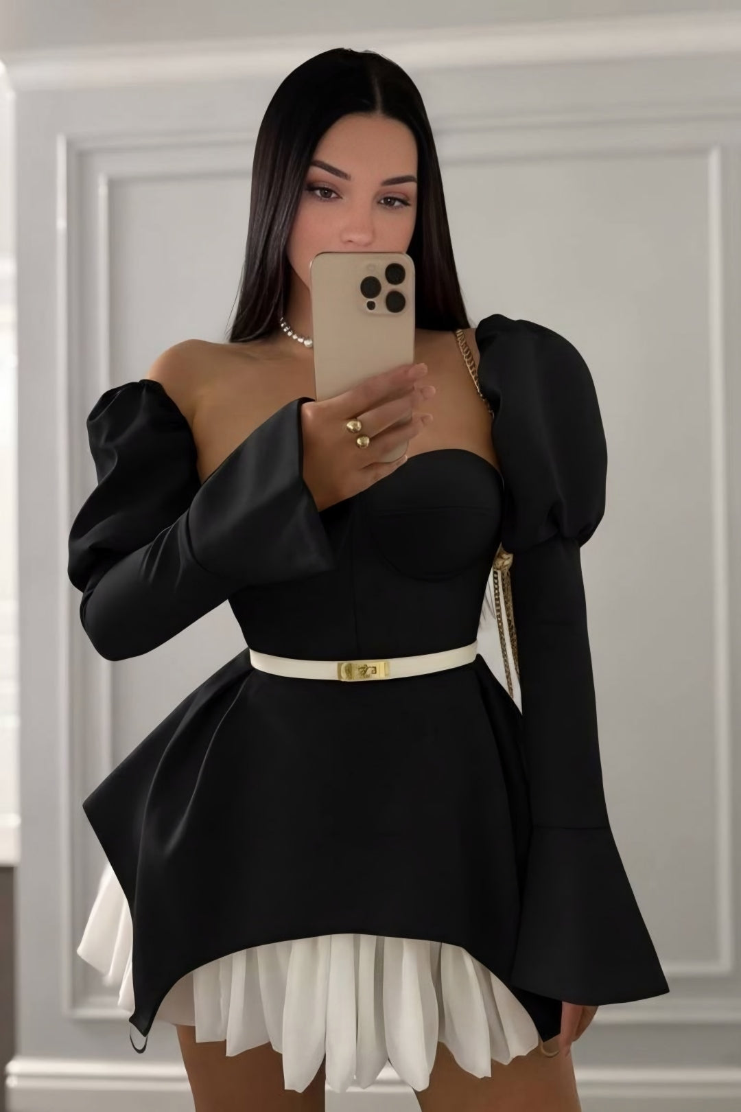 Selene Pleated Mini Dress – Black