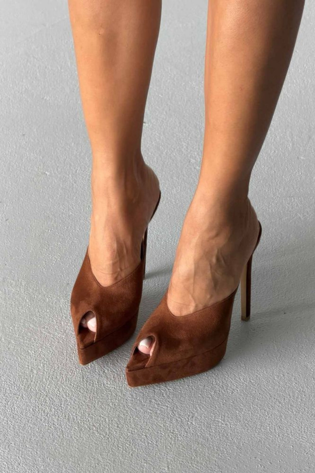 Vespera Platform Peep-Toe Mule Heels – Black Suede
