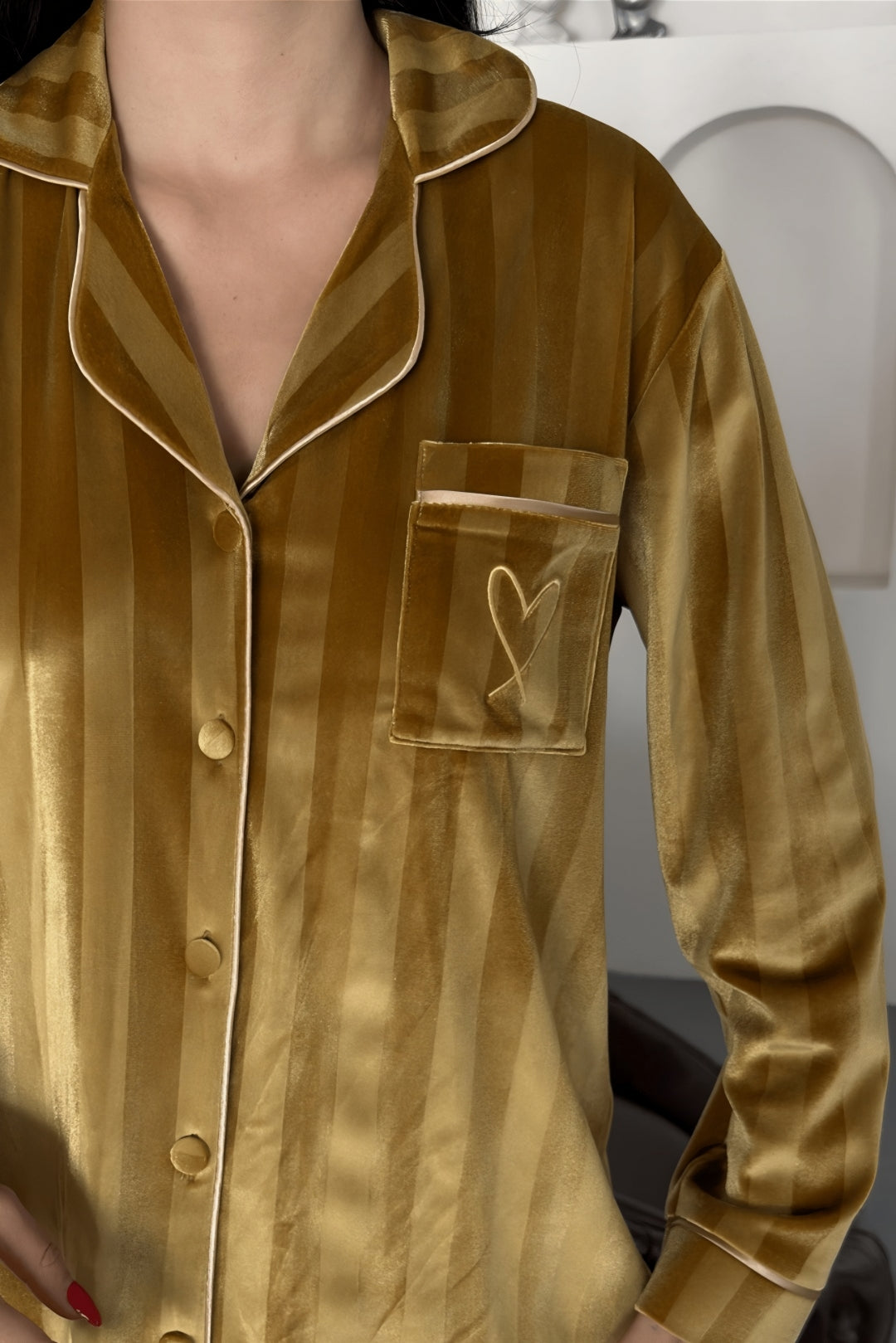 Estelle Striped Velvet Pajama Set – Mustard Yellow