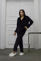 Estelle Striped Velvet Pajama Set — Red